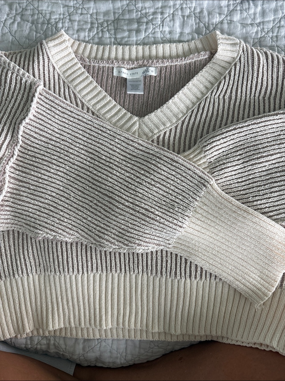Altar'd State Cream Ribbed V-Neck Pullover